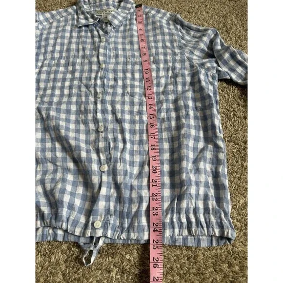Talbots Top Women L Drawstring Blue Linen Gingham Plaid Long Sleeve Capsule VTG - Picture 4 of 12